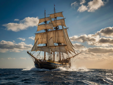 Sailing ship in the sea against the background of the sky.の素材