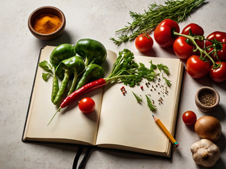 Open recipe book with spices and vegetables on stone background. Top viewの素材