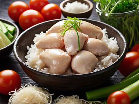 Chicken meat in a bowl with rice and vegetables on a wooden tableの素材
