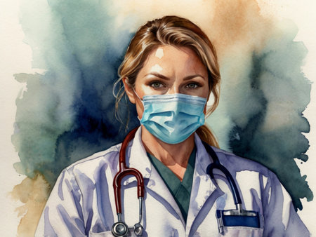 Portrait of a female doctor wearing face mask against blue watercolor backgroundの素材