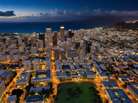 Aerial view of Honolulu skyline at sunset, Oahu, Hawaii.の素材