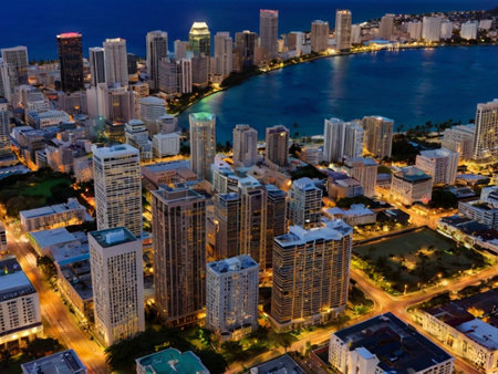 Aerial view of Miami Beach at dusk, Florida, USA.の素材