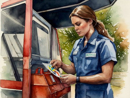 Illustration of a young female security guard in front of a busの素材