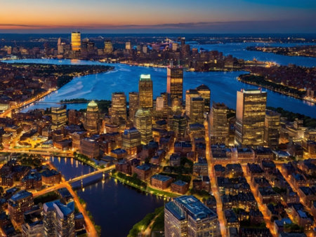 Aerial view of Frankfurt am Main skyline at sunset, Germany.の素材