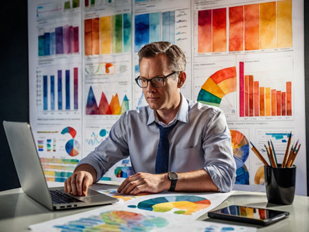 Confident mature businessman working with graphics at his desk in the officeの素材