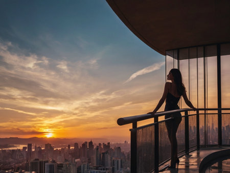 Silhouette of a young woman standing on the balcony and looking at the city.の素材