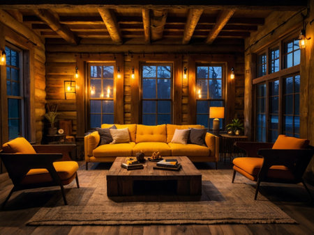 Interior of a wooden house in the night with a sofa, armchairs and a coffee tableの素材
