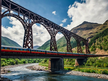 Freight train passing over the bridge in the highlands of Scotlandの素材