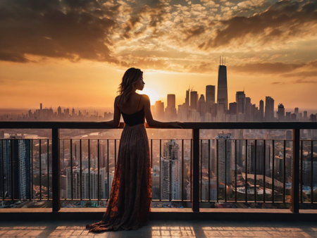 Beautiful young woman in evening dress standing on the balcony and looking at the cityの素材