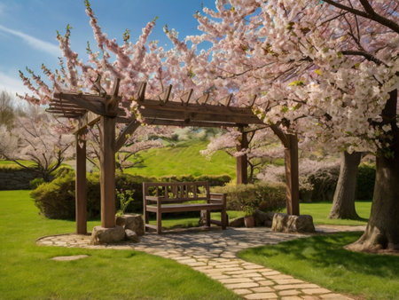 Beautiful Japanese garden with a bench and cherry blossom trees.の素材