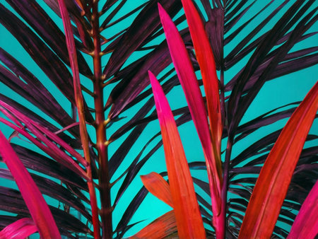 Tropical palm leaves on a turquoise background close-upの素材