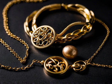 Gold jewelry on a black background close-up. Jewelry for women.の素材