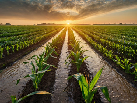 Sunset over corn field with sun rays through the corn seedlingsの素材