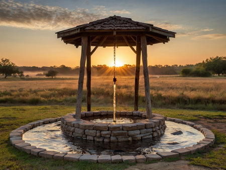 sunset in the field with a small fountain and wooden gazeboの素材