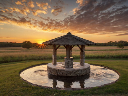 Sunset over a small fountain in a field in the Netherlands.の素材