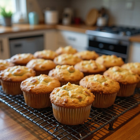Homemade muffins with nuts on a cooling rack in the kitchenの素材