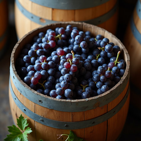 Grapes in a barrel on a wooden background. Selective focus.の素材