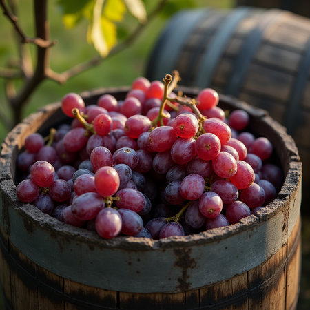 Grapes in a barrel on a vineyard in the countrysideの素材