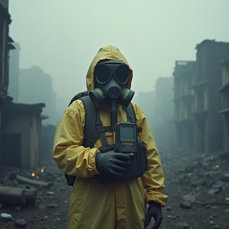 Man in a gas mask and a respirator in the smoke.の素材