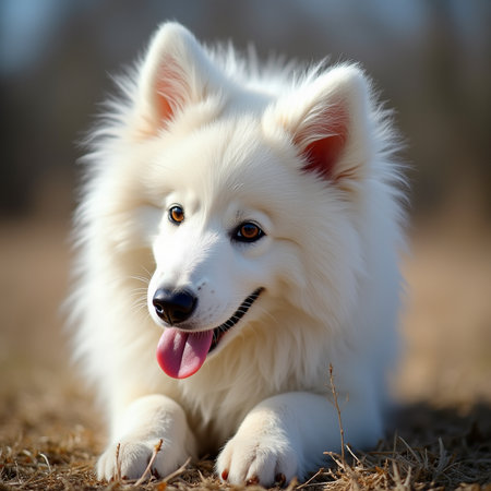 Portrait of Samoyed dog in the park on a sunny dayの素材