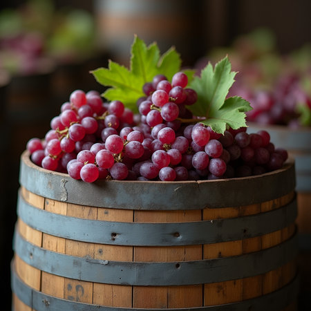 Grapes in wooden barrel on rustic background, selective focusの素材