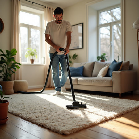 Man Cleaning Carpet With Vacuum Cleaner In Living Room At Homeの素材