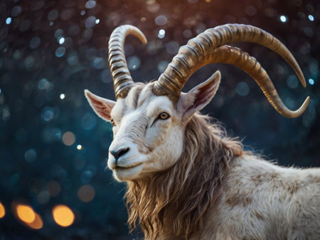 Close-up portrait of a goat with horns on a background of the night sky.の素材