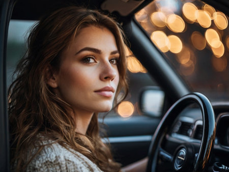 Close-up portrait of a beautiful young woman driving a car.の素材
