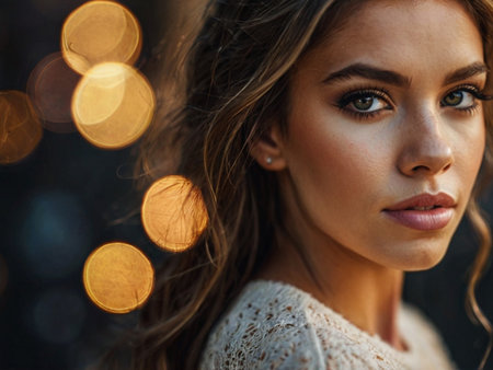 Close up portrait of a beautiful young woman with long brown hair.の素材