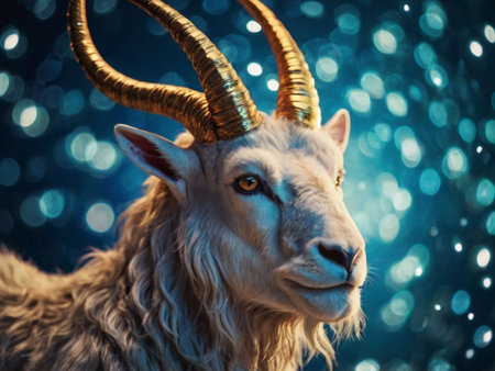 Portrait of a goat with horns on a bokeh backgroundの素材