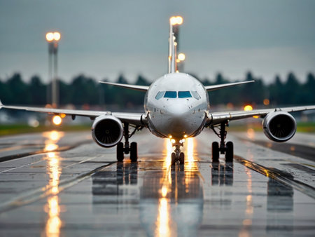 Airplane taking off from the airport runway at night, close-upの素材