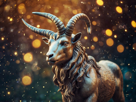Golden goat statue in the forest. Christmas and New Year concept.の素材