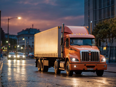 Truck with a trailer on the road at night in the cityの素材