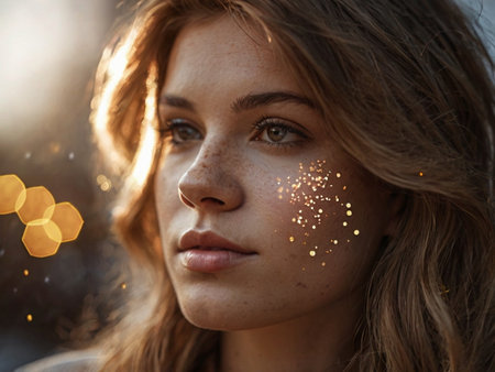 Close-up portrait of a beautiful girl with freckles on her faceの素材