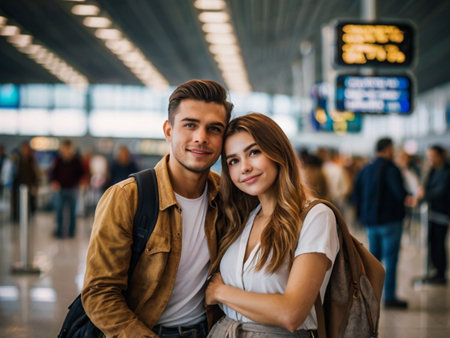 Portrait of a young couple at the airport, looking at cameraの素材
