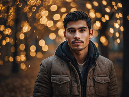 Portrait of a handsome young Indian man in a winter jacket.の素材