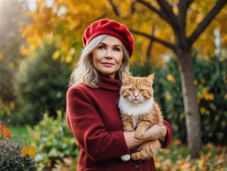 Portrait of a beautiful woman in a red coat and a beret with a cat in her arms.の素材