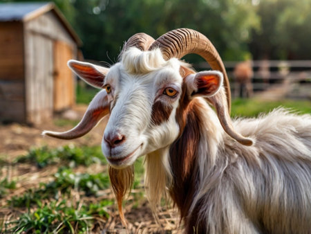 Portrait of a goat with horns on the background of a farmの素材