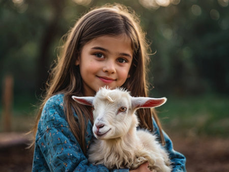 Portrait of a little girl with a goat in her arms.の素材
