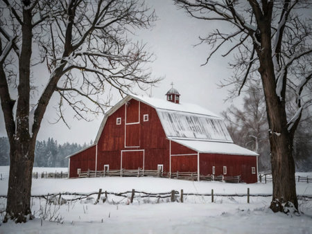 A red barn stands in a snow covered field on a cold winter day.の素材