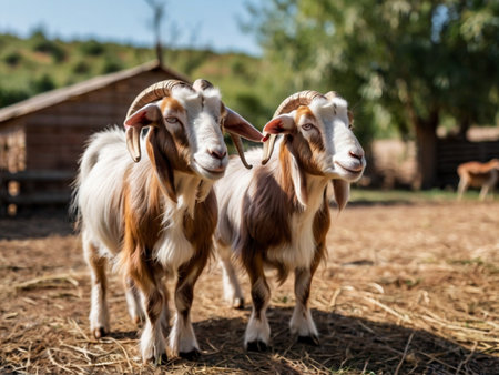 Portrait of two goats on the farm. Goat in the villageの素材