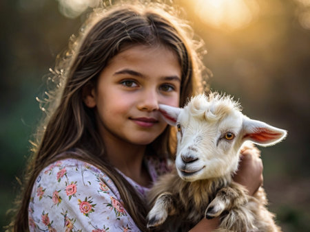 Portrait of a cute little girl with a goat in her armsの素材