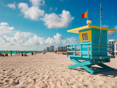 Lifeguard tower on the beach in Miami Beach, Florida, USAの素材