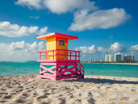 Colorful lifeguard tower on Miami Beach, Florida, USA.の素材