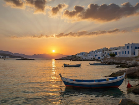 Sunset over the bay of Mykonos island, Greeceの素材