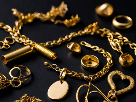 Gold jewelry on a black background. Jewelry and bijouterie.の素材