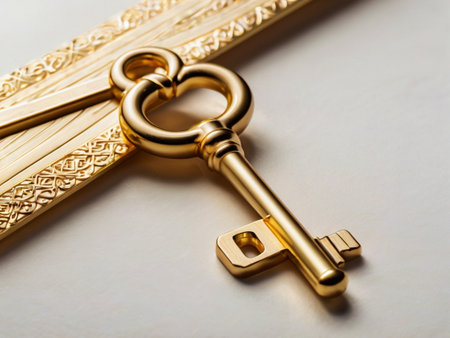 Golden key on a white background, close-up, selective focusの素材