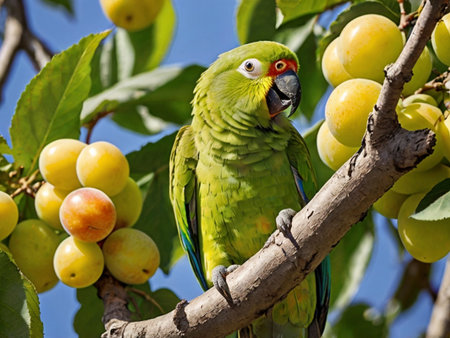 Parrot sitting on a branch with ripe plums in the backgroundの素材