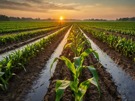 Corn Plantation in the field at sunset, agricultural landscape background.の素材