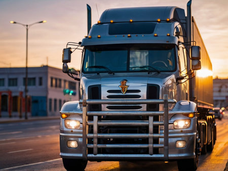 Semi-trailer truck on the road at sunset. Transportation and logistics conceptの素材